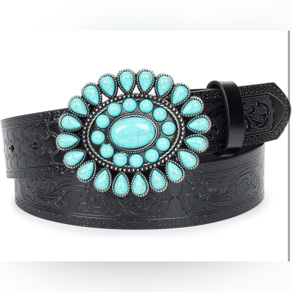 COPY - Black and Blue Belt with Turquoise Concho Buckle - Picture 1 of 6